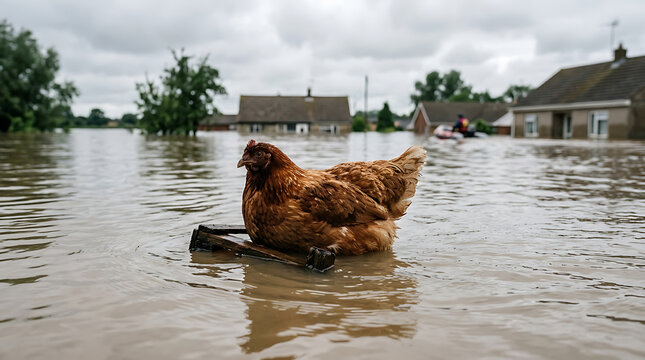 Chicken stranded in floodwaters near flooded houses and trees.
