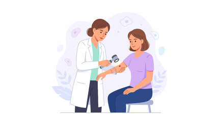 Obraz premium Dermatologist examining mole on patient's arm with dermatoscope, medical check-up concept illustration