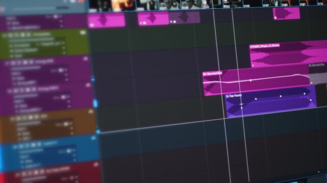 Close-up of a monitor screen showing the interface of audio editing and music production software. 