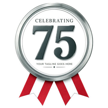 Modern seventyfive years anniversary celebration badge with metallic border and red ribbon design