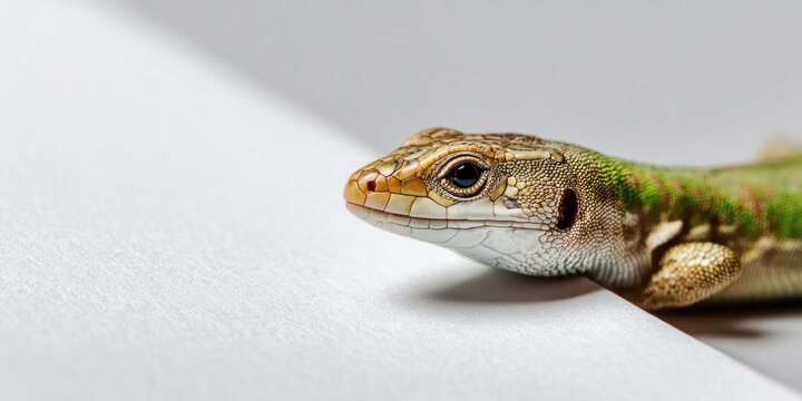 Close up of a lizard resting on a white surface with natural lighting
