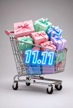 Shopping cart filled with colorful gift boxes and glowing digital sale sign for online shopping event