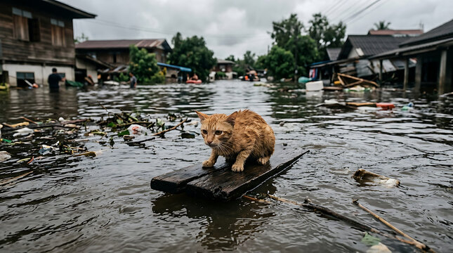 Ginger Cat Stranded On Debris Amidst Flooded Village Street.