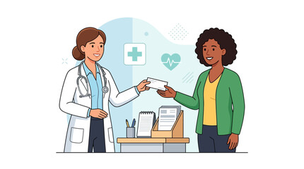 Fototapeta premium Doctor giving prescription to patient, medical consultation, healthcare, doctor's office, illustration