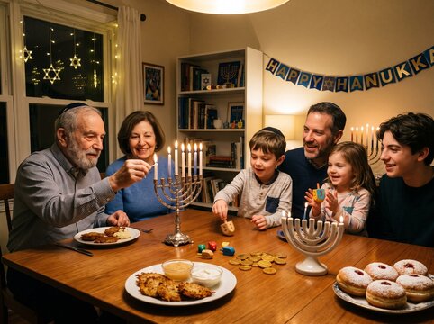 A multi-generational Jewish family celebrating Hanukkah together at home with a menorah lighting.