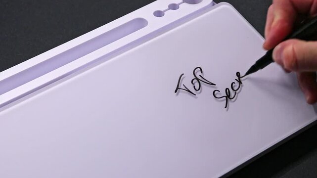 European male hand writing top secret on whiteboard with black pen and erases it with white sponge afterwards for seamless looping message writing on whiteboard. Confidential topic is secret.