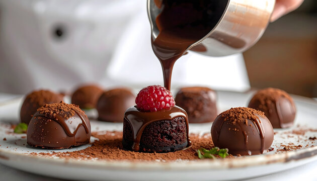Chocolate dessert with rich sauce pouring over a sweet treat, indulgent food concept.