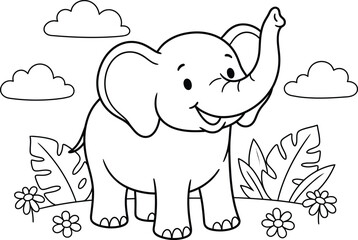 Naklejka premium Charming cartoon baby elephant raising a trunk in a playful outdoor scene