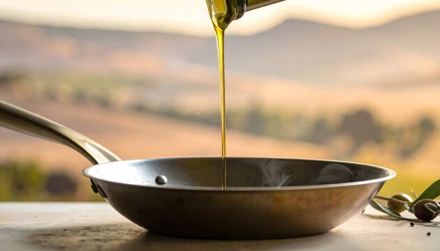 Pouring olive oil into a pan for cooking, healthy cuisine preparation and culinary inspiration.