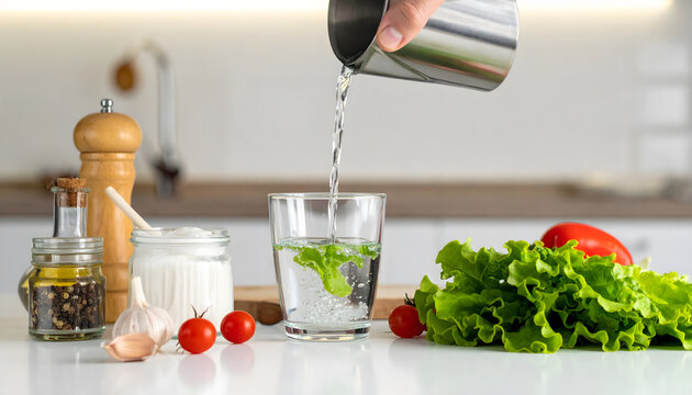 Pouring water into a pot while cooking, showing a simple kitchen preparation process.