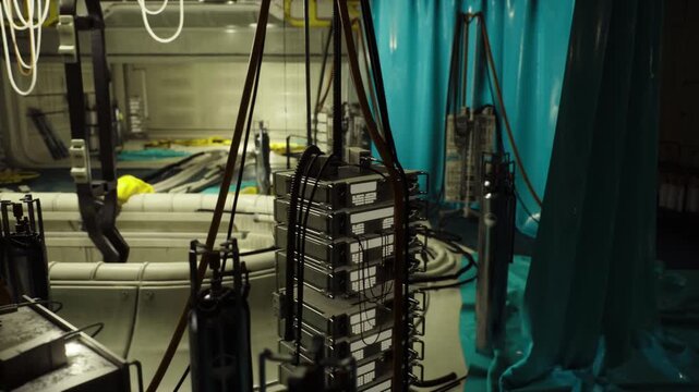 Teal curtain framed cable stacks, hanging loops, measurement meters, safety signage, precise diagnostics vibe, scheduled inspection scenario for telecom