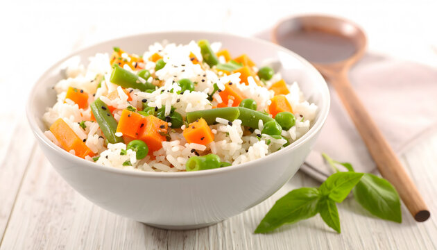 Fresh rice and vegetable bowl with healthy ingredients, balanced nutrition, and color.