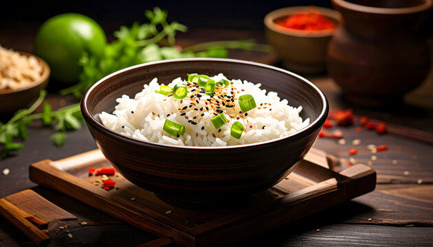 Asian rice bowl with fresh ingredients, balanced flavors, and an inviting modern presentation.