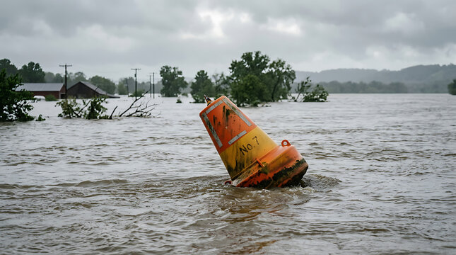 Orange buoy floats in floodwaters with submerged trees and buildings in the background.