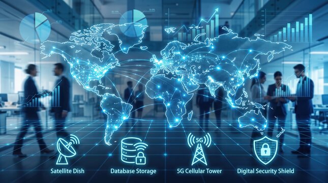 Futuristic blue glowing world map with digital network connections, 5G cellular tower, satellite dish, database storage, and security shield icons, global communication
