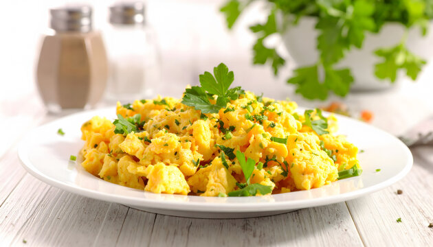 Scrambled eggs with fresh herbs, a delicious homemade breakfast served on a rustic plate.