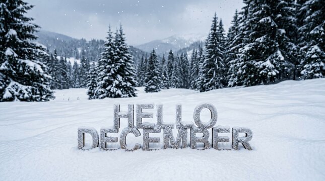 Hello December text standing in deep snow, scenic winter pine forest and snowy mountain landscape, festive seasonal concept.