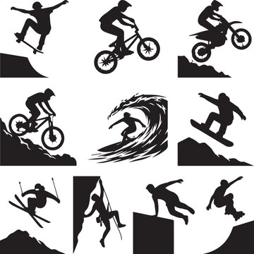 Silhouettes of Extreme Sports Athletes Jumping and Performing Tricks