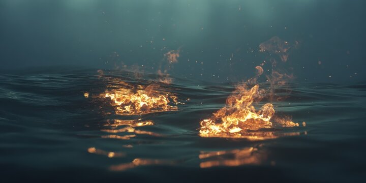 Fiery flames floating on ocean surface in a mysterious blue environment with moody lighting
