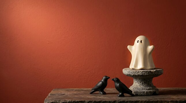 A cute little ghost figurine standing on a pedestal with two black crows for a spooky halloween decoration