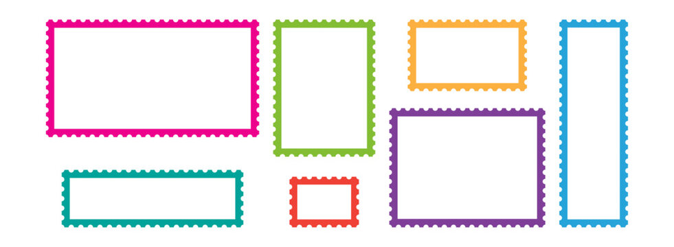 Frame postcard icon, border stamp shape. Postage sticker scallop edge, colorful rectangle boarder. Cartoon text box, retro note set isolated on white bg. Vintage framework label. Vector illustration
