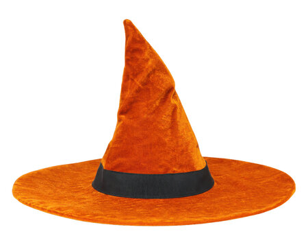 Vibrant orange velvet witch hat with a pointed crown and wide brim is isolated on a clean white background
