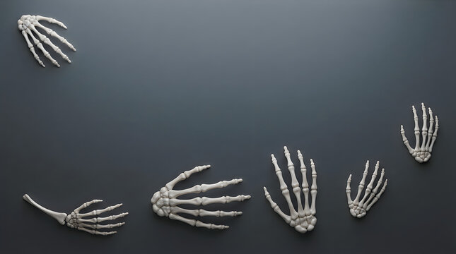 Black and white skeletal hands and arms in shadowy dark background