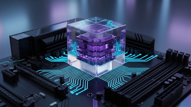 A futuristic transparent cube with glowing circuits representing advanced technology and innovation.