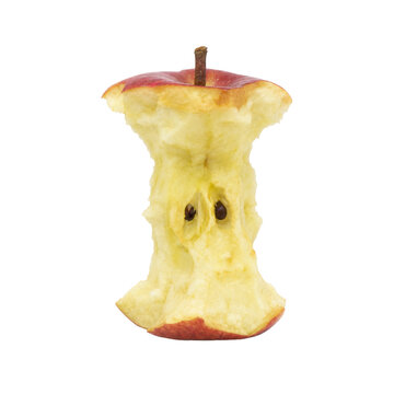 Red and yellow apple core with visible seeds and stem, isolated on a clean white background in a studio shot