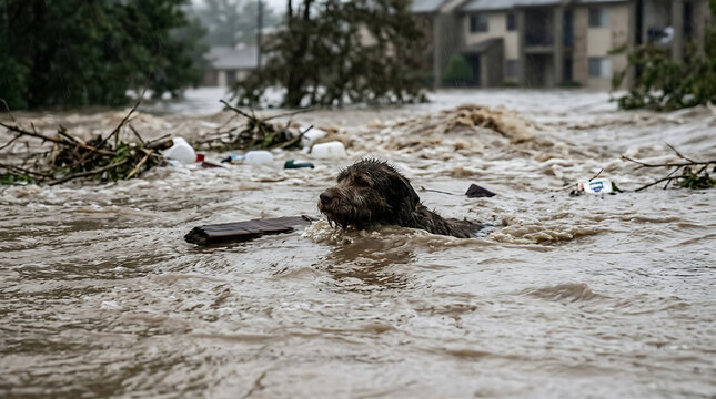 Dog swimming through floodwaters during a natural disaster.