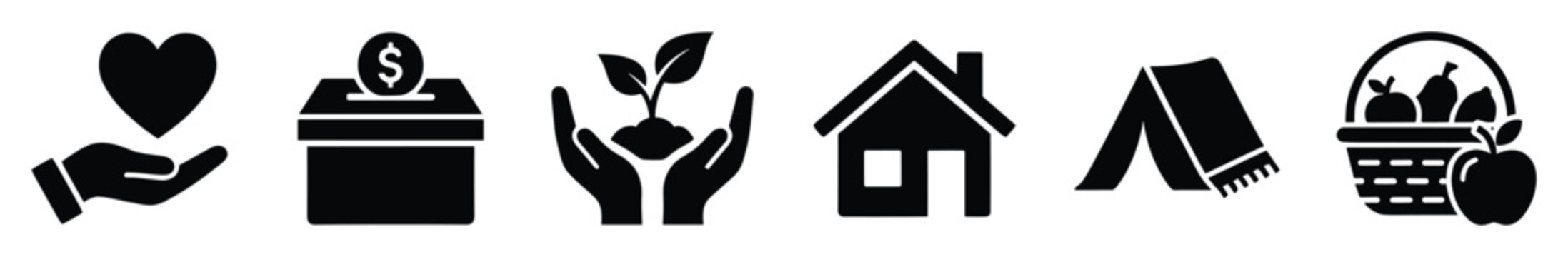 Set of charity, donation, and humanitarian aid icons. Basic needs, social welfare, community support, giving, care, environment, food, housing symbols, flat glyph pictograms.