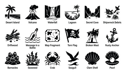 Fototapeta premium Set of pirate adventure and tropical island icons. Treasure map, shipwreck, desert island, volcano, lagoon, sea life symbols. Vector collection for web and app.