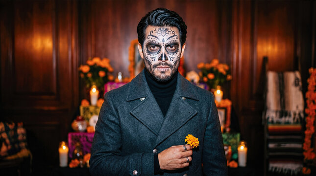 Handsome man wearing detailed traditional mexican day of dead sugar skull face makeup holding beautiful orange marigold flower standing before festive altar