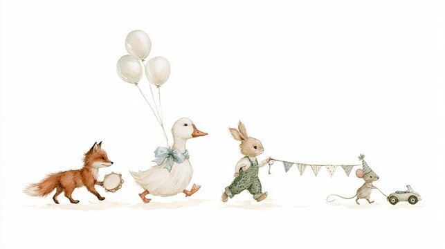 Minimalist watercolor horizontal sequence of four walking animals on solid white background, red fox with tambourine, bow‑adorned goose duck with helium balloons, rabbit in patterned overalls with par