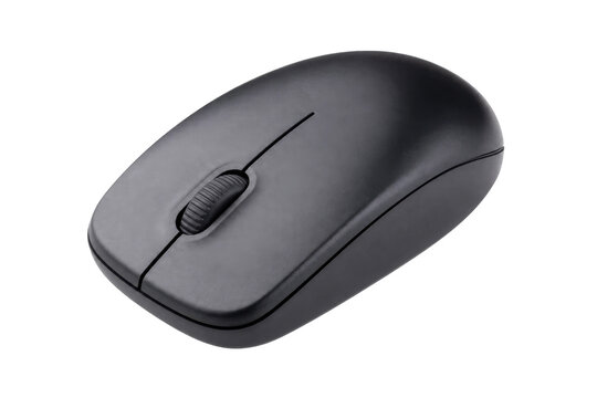 Sleek black wireless computer mouse with a textured scroll wheel is angled on a clean white background