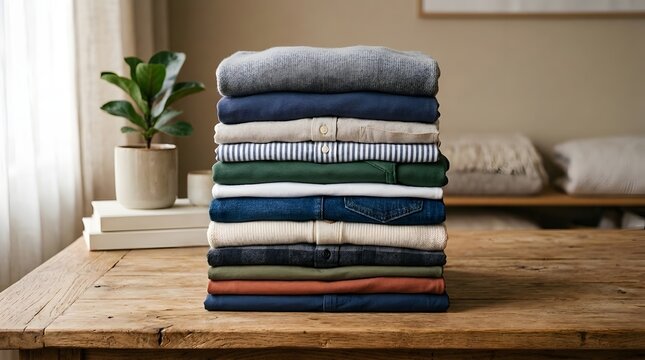 Large neatly folded stack of colorful clothing items and textiles placed on a rustic wooden table with folded clothes pile of clothes wardrobe organization