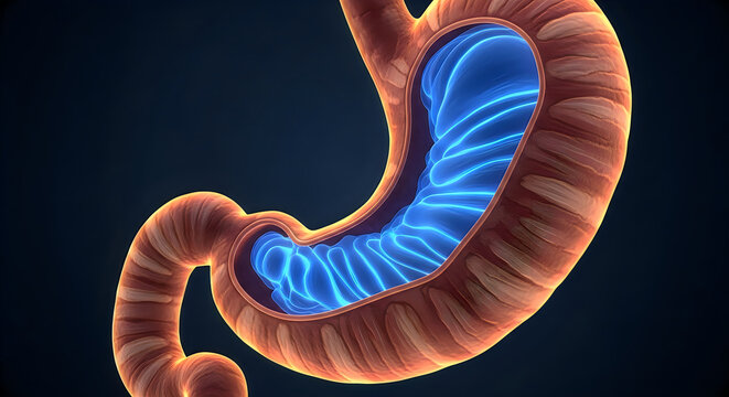 Anatomical illustration of the human stomach with highlighted internal folds called rugae