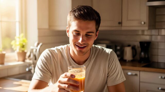 Young man drinking fresh carrot juice in a sunlit kitchen. Relaxed male taking a sip from a glass and smiling during a healthy morning routine. Wellness and nutrition concept