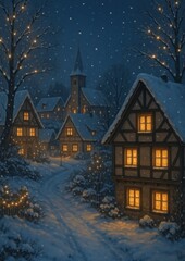 Naklejka premium Cozy winter village scene