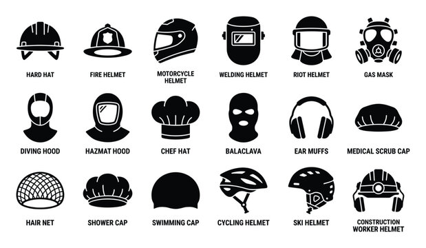 Headwear icons set. Protective helmets, safety gear, masks, caps, hats. Essential symbols for work, sports, personal use. Web, app, UI, mobile interface pictograms.