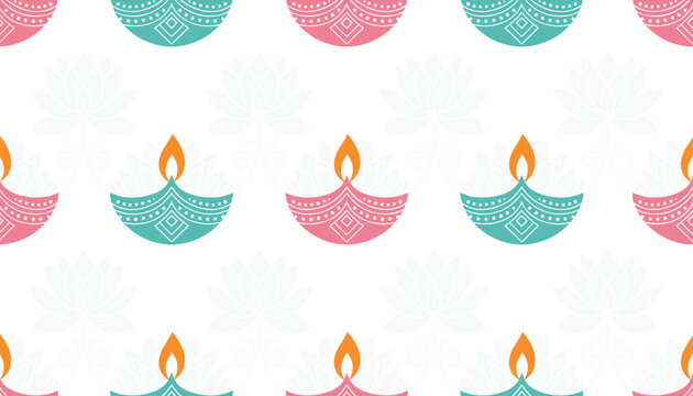 Seamless festive pattern of traditional colorful Indian Diya oil lamps and white lotus flowers for Diwali holiday.
