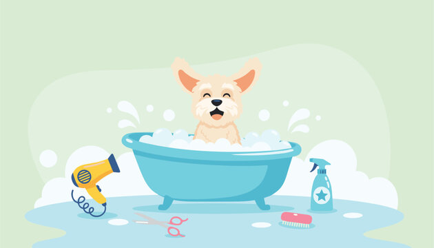 Cute little dog enjoying a relaxing warm bubble bath in a blue tub with hair dryer and grooming accessories.