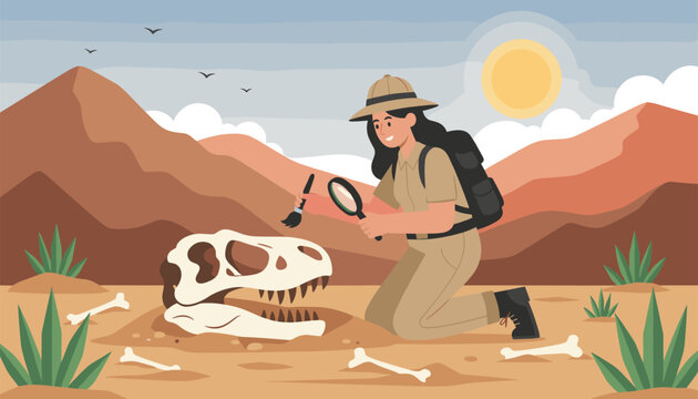 Young female archaeologist carefully excavating a prehistoric dinosaur skull fossil in a hot sandy desert canyon.