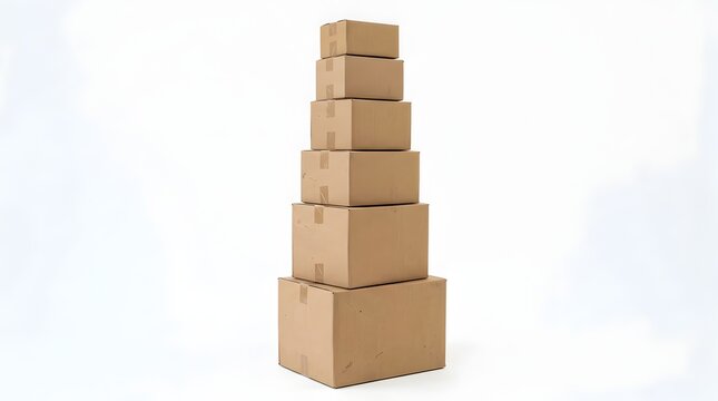 Vertical stack of various sized cardboard boxes decreasing from bottom to top on white background with shipping boxes packages packaging delivery logistic
