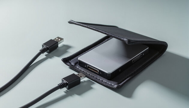 portable external hard drive charging with USB cables on a minimalist surface for technology and storage use cases