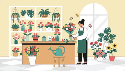 Fototapeta premium Professional florist arranging beautiful bouquets and trimming fresh flowers at her desk in a colorful flower shop with plant shelves.