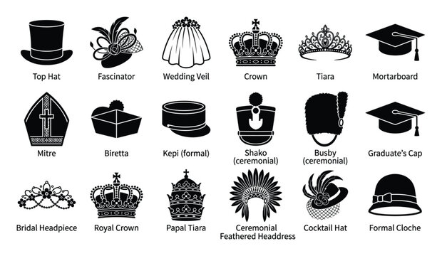 Collection of headwear icons. Various hats, crowns, caps, and veils for formal, ceremonial, and academic events.