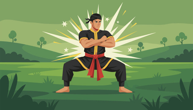Pencak silat martial artist demonstrating a strong defensive stance amidst a dynamic explosion effect set against a lush green valley background.