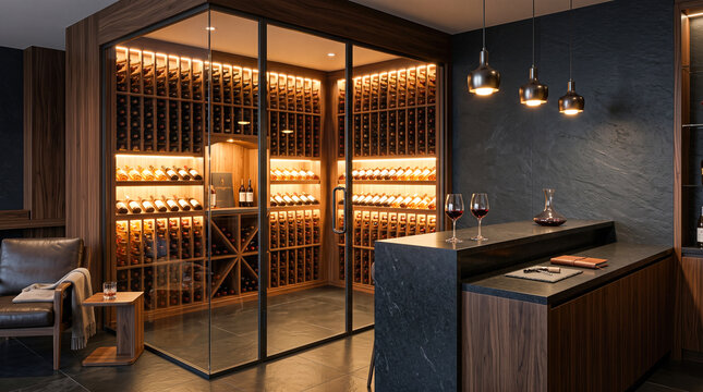 Modern transparent glass wine cellar containing multiple wooden racks storing numerous bottles next towards dark tasting counter serving two glasses