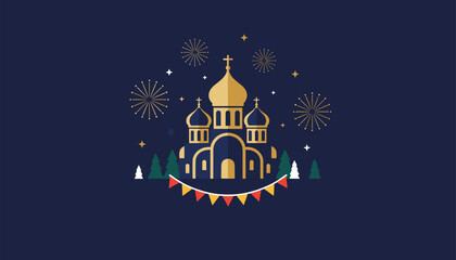 Fototapeta premium Gorgeous golden church cathedral illuminated at night during a celebratory festival with brilliant fireworks.